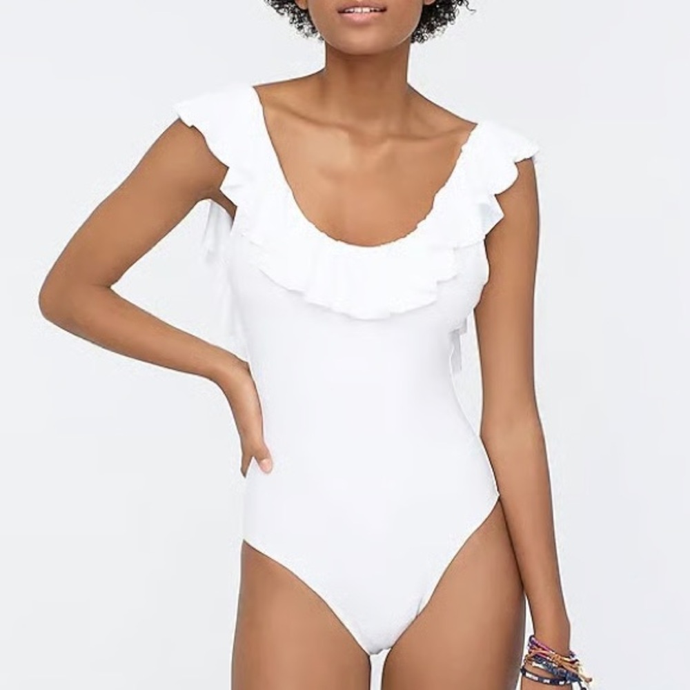 J. Crew Ruffle White Scoopback One-piece Swimsuit Size 10